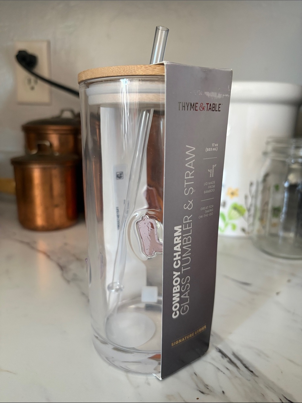 Thyme & Table Clear Glass Tumbler with Bamboo Lid and Straw